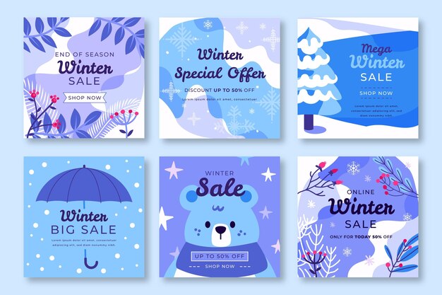 Colección de publicaciones de instagram de rebajas de invierno planas dibujadas a mano