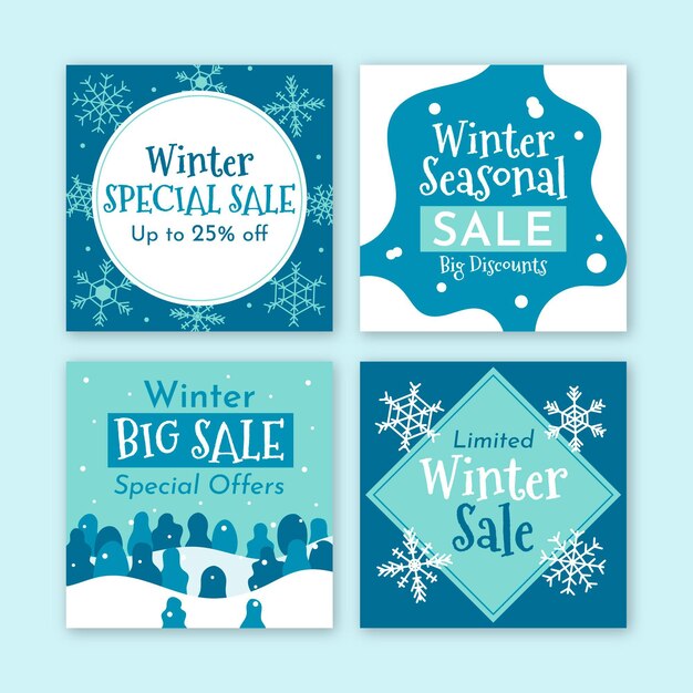 Colección de publicaciones de instagram de rebajas de invierno planas dibujadas a mano