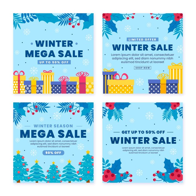 Colección de publicaciones de instagram de rebajas de invierno planas dibujadas a mano