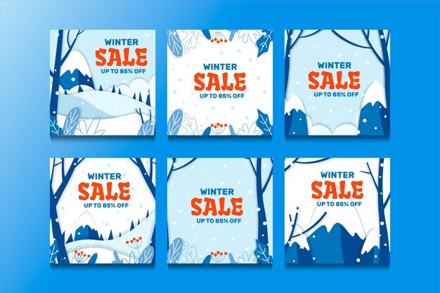 Colección de publicaciones de instagram de rebajas de invierno planas dibujadas a mano