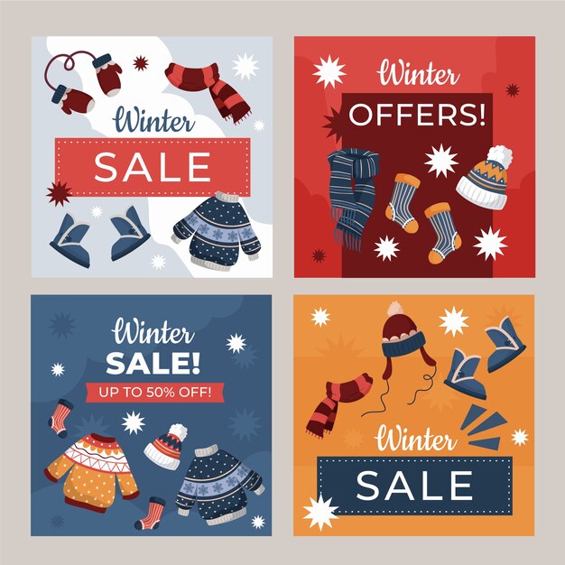 Colección de publicaciones de instagram de rebajas de invierno planas dibujadas a mano