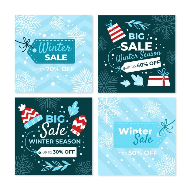 Colección de publicaciones de instagram de rebajas de invierno planas dibujadas a mano