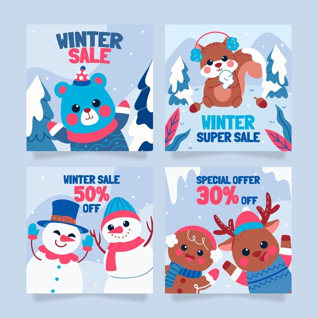 Colección de publicaciones de instagram de rebajas de invierno planas dibujadas a mano