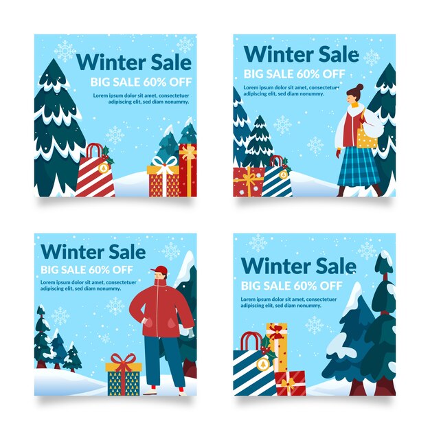 Colección de publicaciones de instagram de rebajas de invierno planas dibujadas a mano