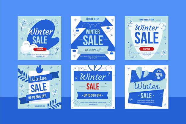 Colección de publicaciones de instagram de rebajas de invierno planas dibujadas a mano