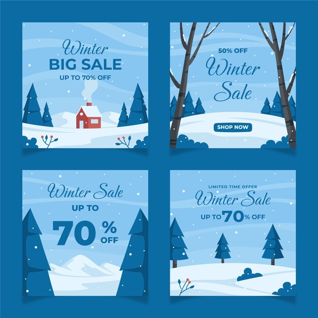 Colección de publicaciones de instagram de rebajas de invierno planas dibujadas a mano