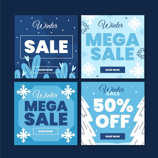 Colección de publicaciones de instagram de rebajas de invierno planas dibujadas a mano