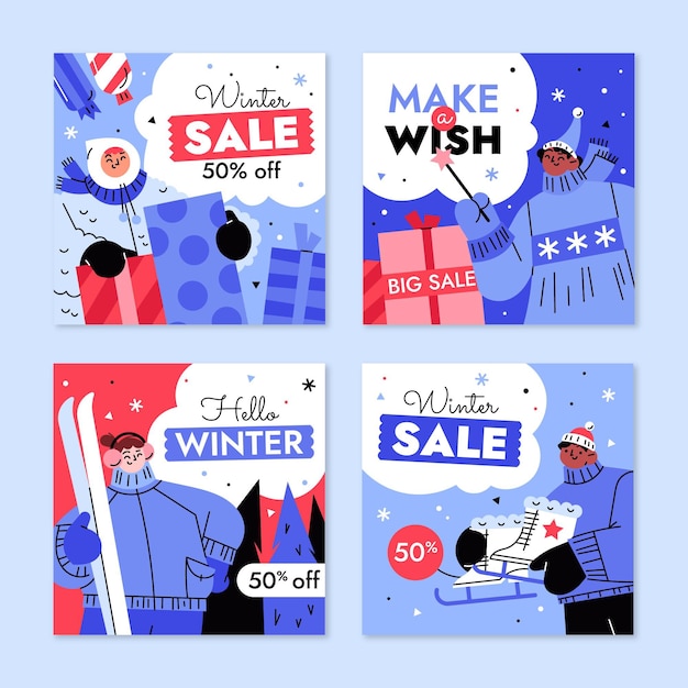 Colección de publicaciones de instagram de rebajas de invierno planas dibujadas a mano