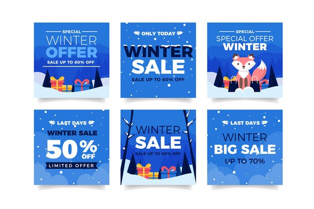 Colección de publicaciones de instagram de rebajas de invierno planas