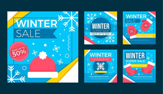 Colección de publicaciones de instagram de rebajas de invierno planas