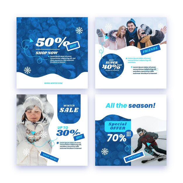 Colección de publicaciones de instagram de rebajas de invierno planas