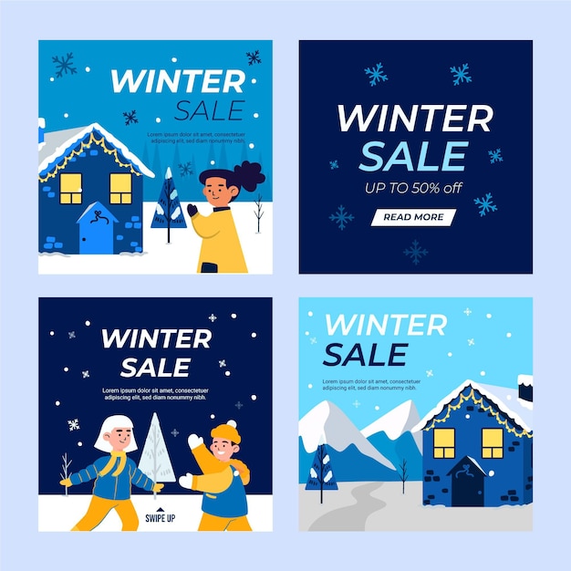 Vector gratuito colección de publicaciones de instagram de rebajas de invierno planas