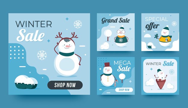 Colección de publicaciones de instagram de rebajas de invierno planas
