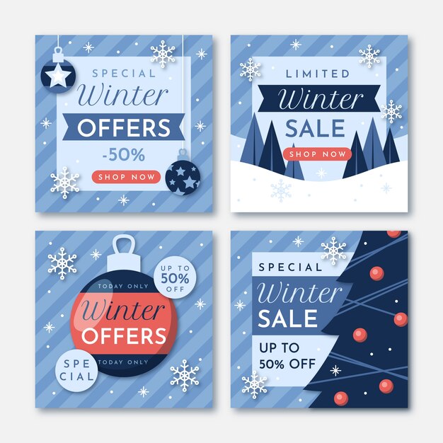 Colección de publicaciones de instagram de rebajas de invierno planas