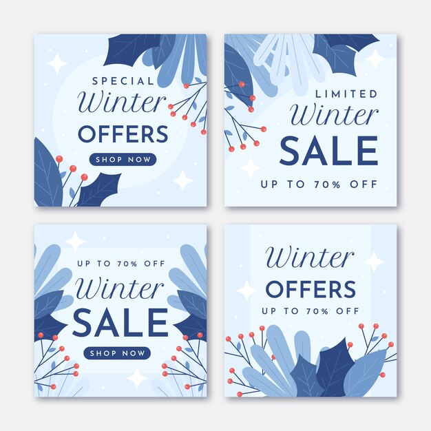 Colección de publicaciones de instagram de rebajas de invierno planas