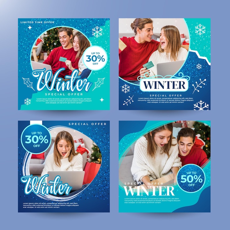 Vector gratuito colección de publicaciones de instagram de rebajas de invierno realistas