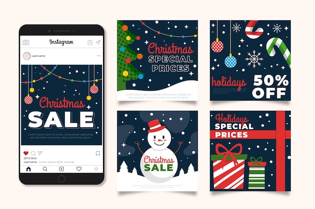 Vector gratuito colección de publicaciones de instagram de rebajas de navidad