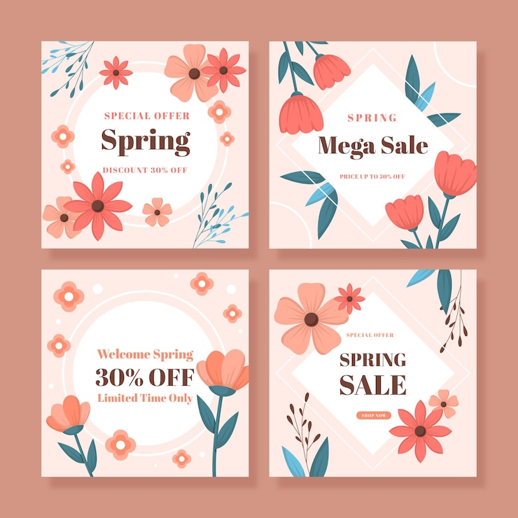Vector gratuito colección de publicaciones de instagram de rebajas de primavera plana