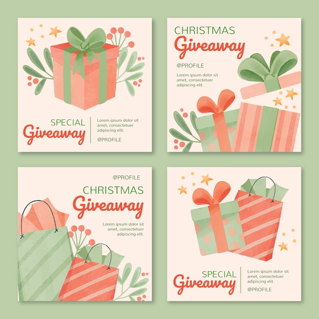 Vector gratuito colección de publicaciones de instagram de regalo de navidad en acuarela