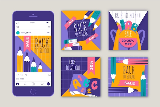 Colección de publicaciones de instagram de regreso a la escuela dibujadas a mano