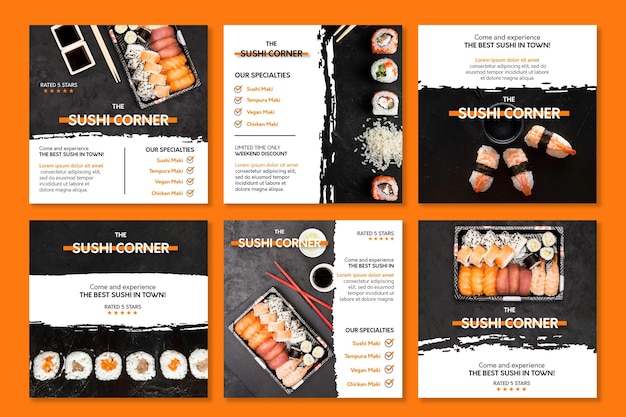 Vector gratuito colección de publicaciones de instagram de restaurantes japoneses