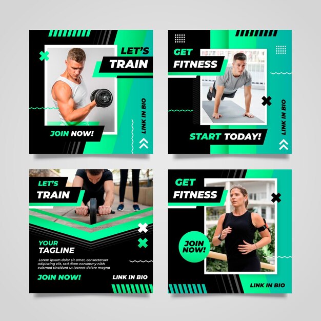 Colección de publicaciones de instagram de salud y fitness con degradado con foto
