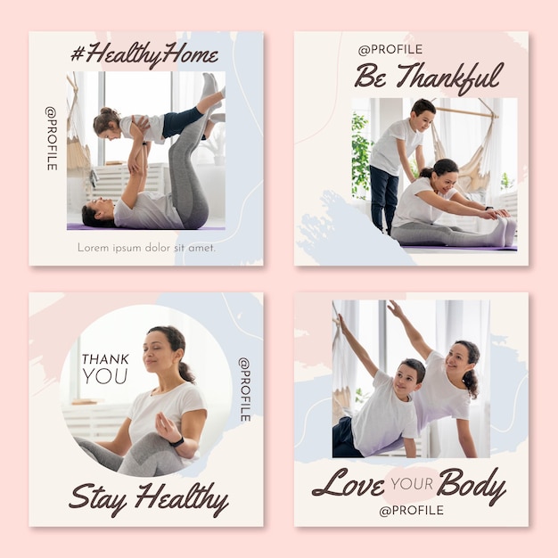 Colección de publicaciones de instagram de salud y fitness pintadas a mano con foto