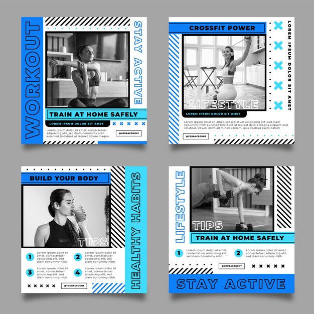 Colección de publicaciones de instagram de salud y fitness planas con foto