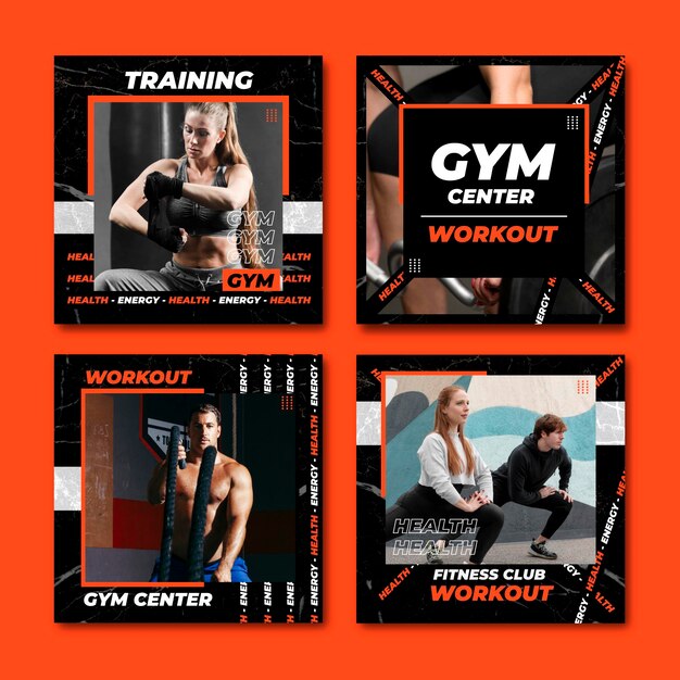 Colección de publicaciones de instagram de salud y fitness planas con foto