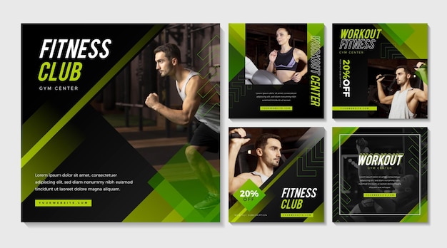 Colección de publicaciones de instagram de salud y fitness planas con foto