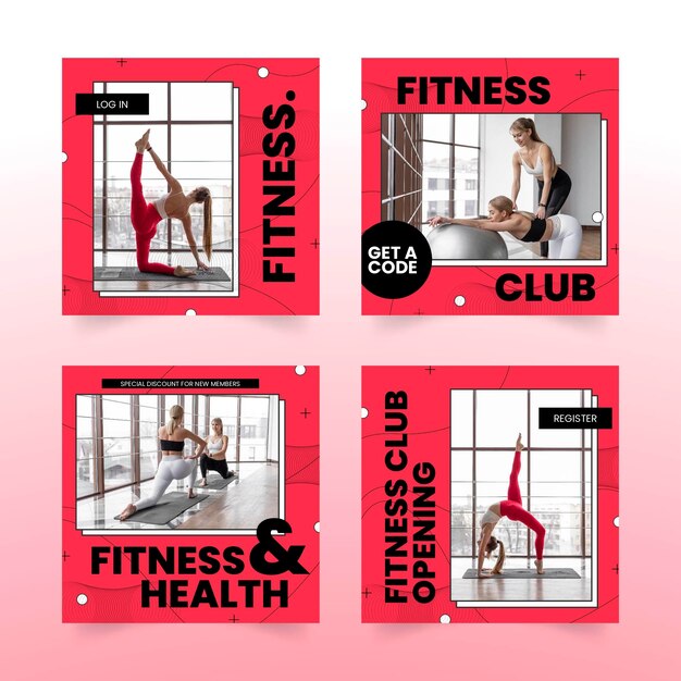 Colección de publicaciones de instagram de salud y fitness planas con foto