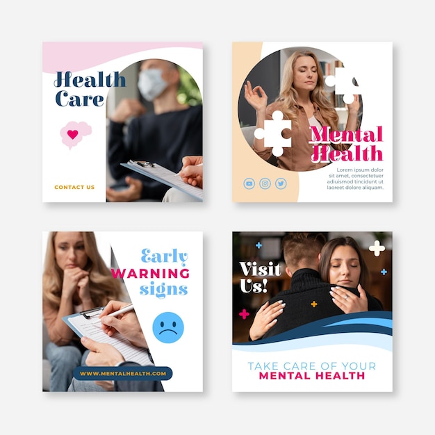 Vector gratuito colección de publicaciones de instagram de salud mental plana con foto