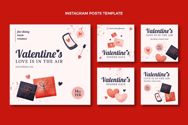 Vector gratuito colección de publicaciones de instagram de san valentín en acuarela