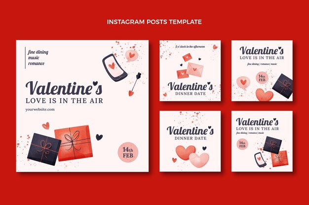 Colección de publicaciones de instagram de san valentín en acuarela