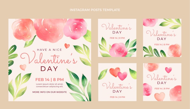 Vector gratuito colección de publicaciones de instagram de san valentín en acuarela