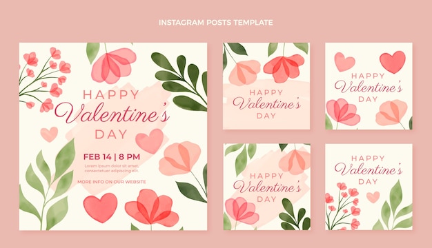 Vector gratuito colección de publicaciones de instagram de san valentín en acuarela