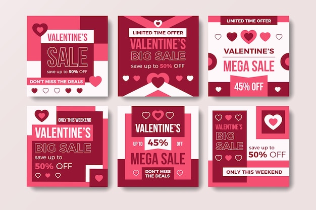 Vector gratuito colección de publicaciones de instagram de san valentín