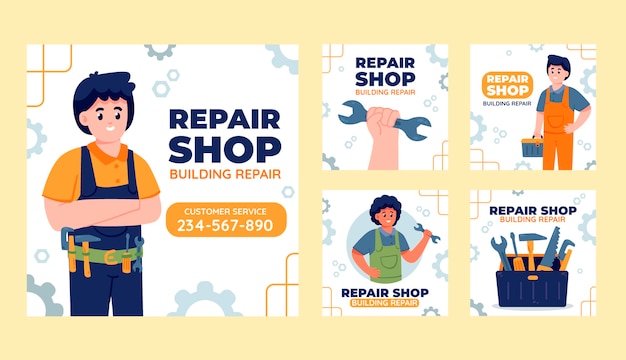 Colección de publicaciones de instagram de servicios de taller de reparación de automóviles planos