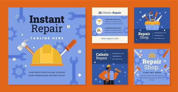 Colección de publicaciones de instagram de servicios de taller de reparación de automóviles planos