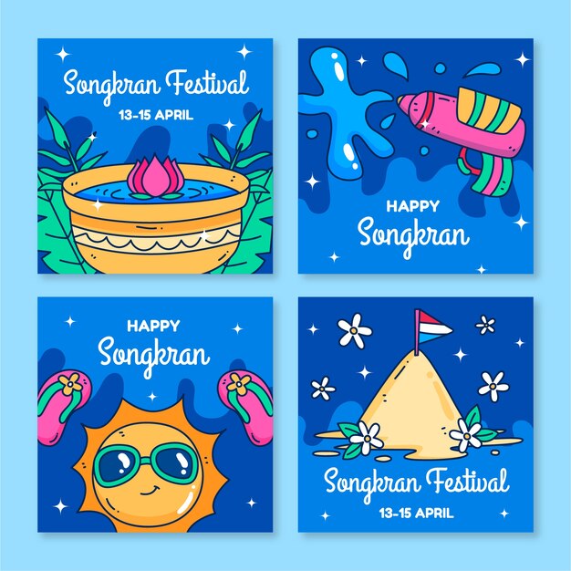 Colección de publicaciones de instagram de songkran dibujadas a mano