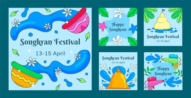 Colección de publicaciones de instagram de songkran dibujadas a mano