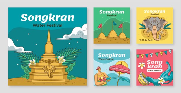 Colección de publicaciones de instagram de songkran dibujadas a mano