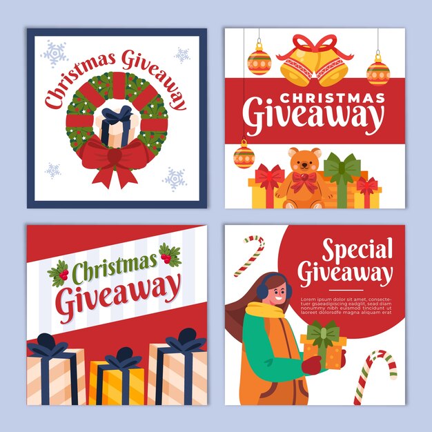 Colección de publicaciones de instagram de sorteo navideño dibujadas a mano