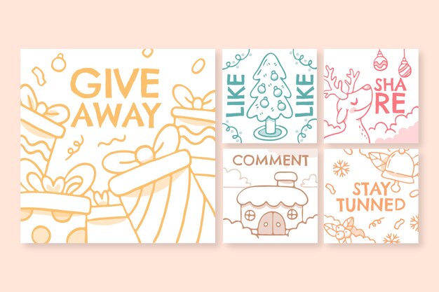 Colección de publicaciones de instagram de sorteo navideño dibujadas a mano