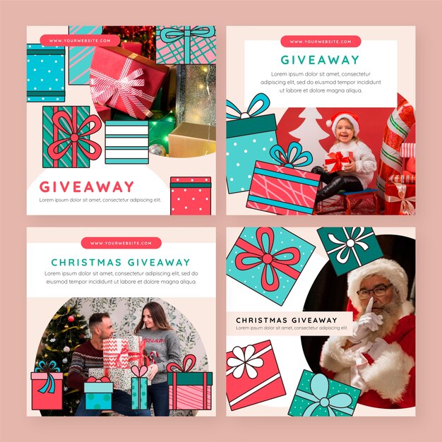 Colección de publicaciones de instagram de sorteo navideño dibujadas a mano
