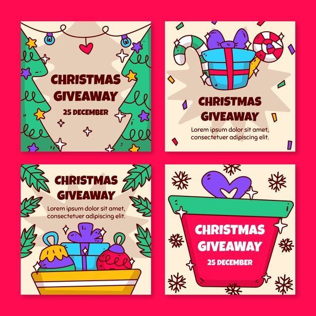 Colección de publicaciones de instagram de sorteo navideño dibujadas a mano