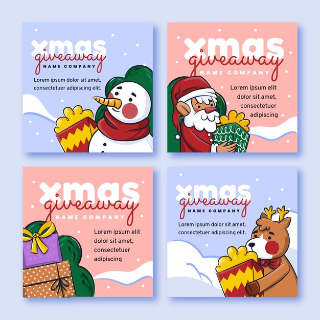 Colección de publicaciones de instagram de sorteo navideño dibujadas a mano