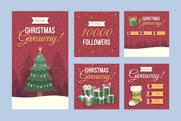 Vector gratuito colección de publicaciones de instagram de sorteo navideño plano dibujado a mano