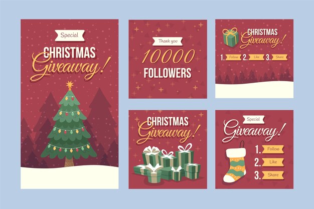 Colección de publicaciones de instagram de sorteo navideño plano dibujado a mano