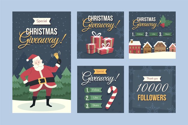 Colección de publicaciones de instagram de sorteo navideño plano dibujado a mano